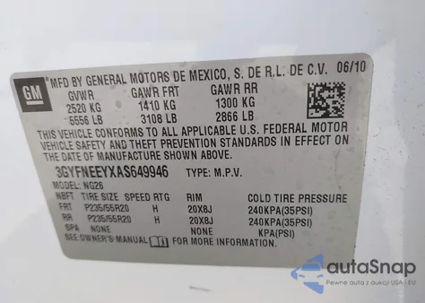 2010 Cadillac Srx Performance Collection z USA, uszkodzony, nr VIN 3GYFNEEYXAS649946